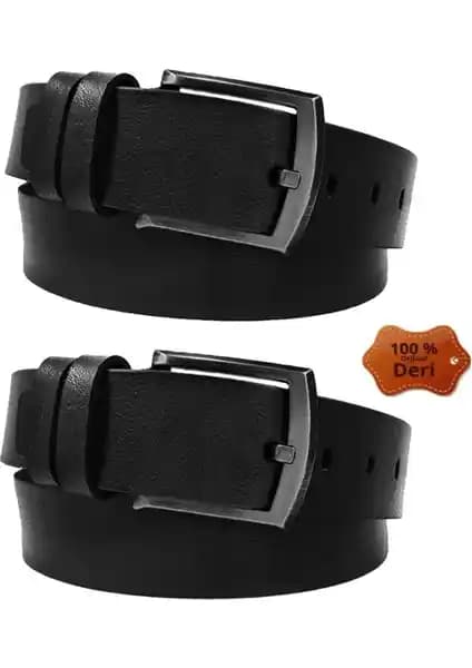 Bosskan Hakiki Deri Siyah Erkek Kot Kemerleri Çift Paket Günlük ve Şık Kullanım İçin
