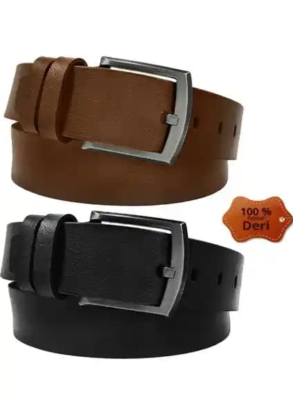 Bosskan Hakiki Manda Derisi Siyah Erkek Kot Kemer Seti 2 Adet, Şık ve Dayanıklı Tasarım