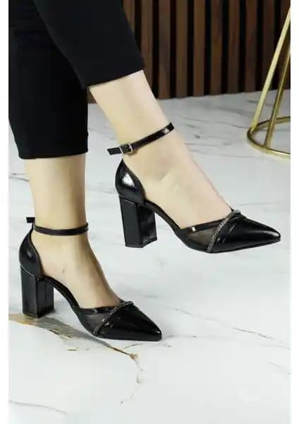 Erkan Saçmacı Molly Siyah Rugan Taşlı Fileli Topuklu Abiye Ayakkabı İnce ve Şık Tasarım Detaylarıyla