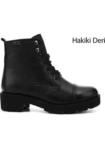 Kadın Siyah Floter Fermuarlı Hakiki Deri Postal Botları - Dayanıklı ve Şık Tasarım