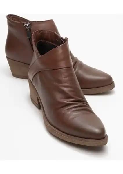 Luvi Rule Kahverengi Hakiki Deri Kadın Kalın Topuklu Bot Şık ve Konforlu Günlük Ayakkabı