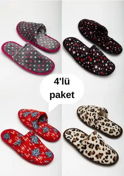 Nisanur Shoes 4'lü Kadın Ev Terliği Karışık Desenler ile Konfor ve Şıklık Bir Arada