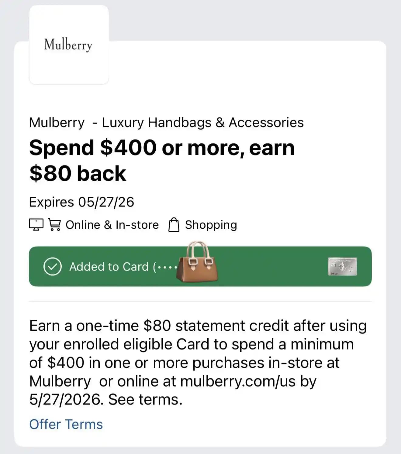 Mulberry Çanta Alımlarında Amex Platinum Kart ile 400$ Harcamaya 80$ İndirim