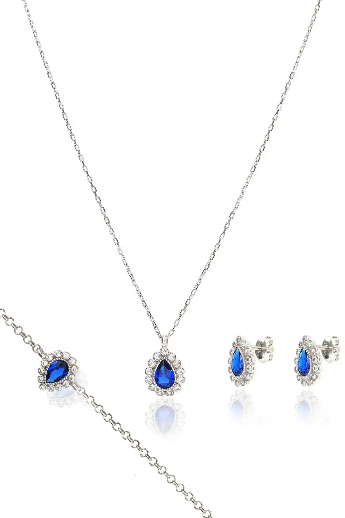 925 Ayar Gümüş Safir Taşlı Takı Seti – Damla Kolye, Küpe ve Bileklik Tasarımı