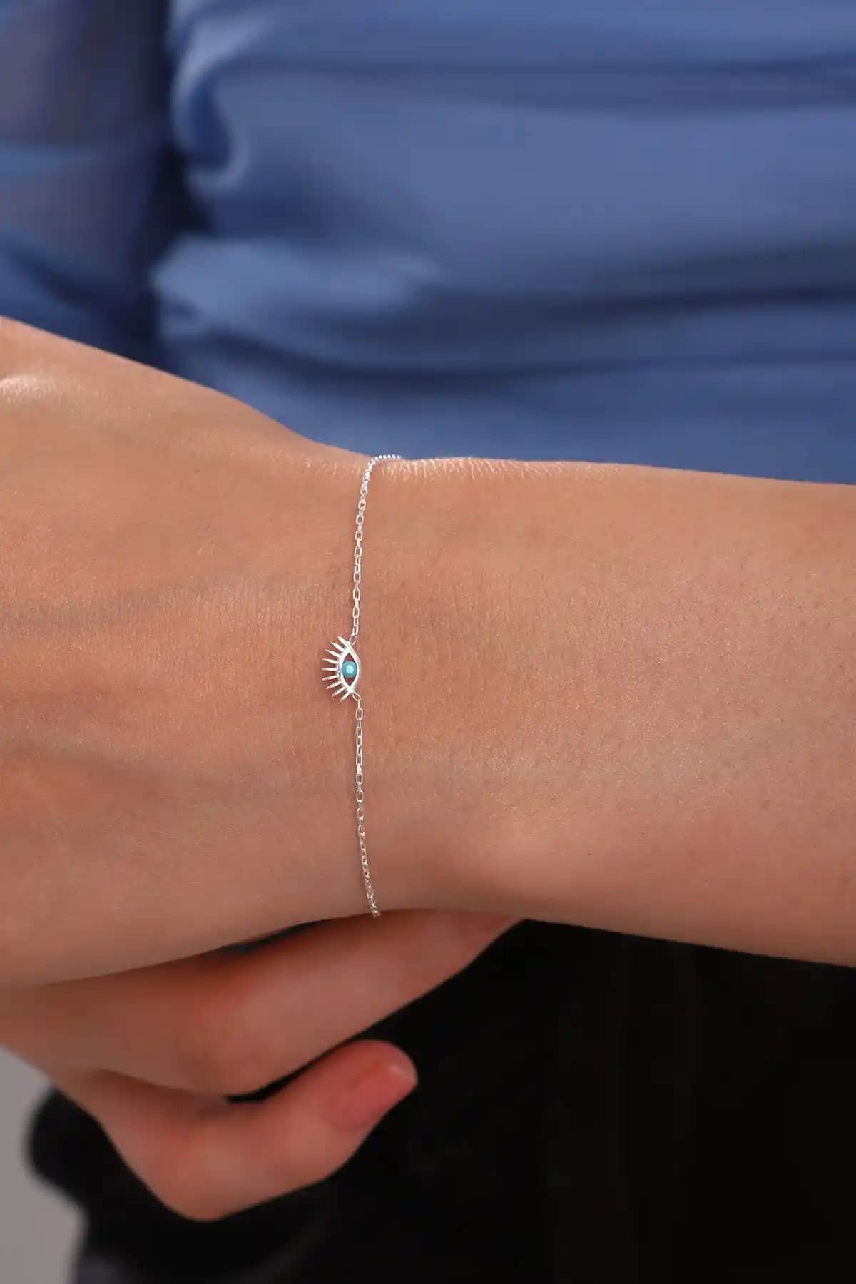 925 Ayar Gümüş Zincirli Firuze Taşlı Minimal Kirpik Göz Model Bileklik
