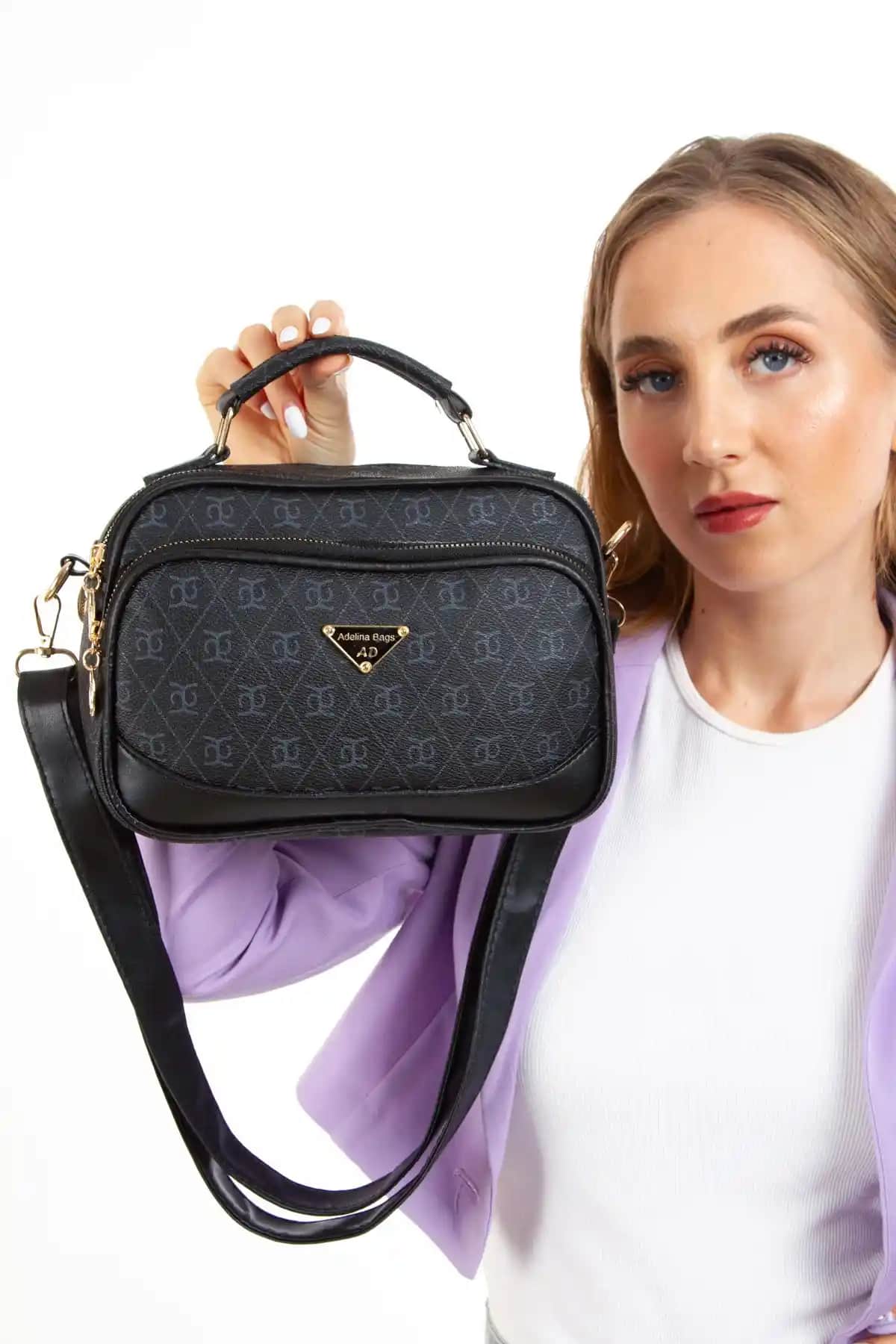 Adelina Bags Kadın Desenli Siyah Çapraz Askılı El ve Omuz Çantası - Modern ve Şık Tasarım