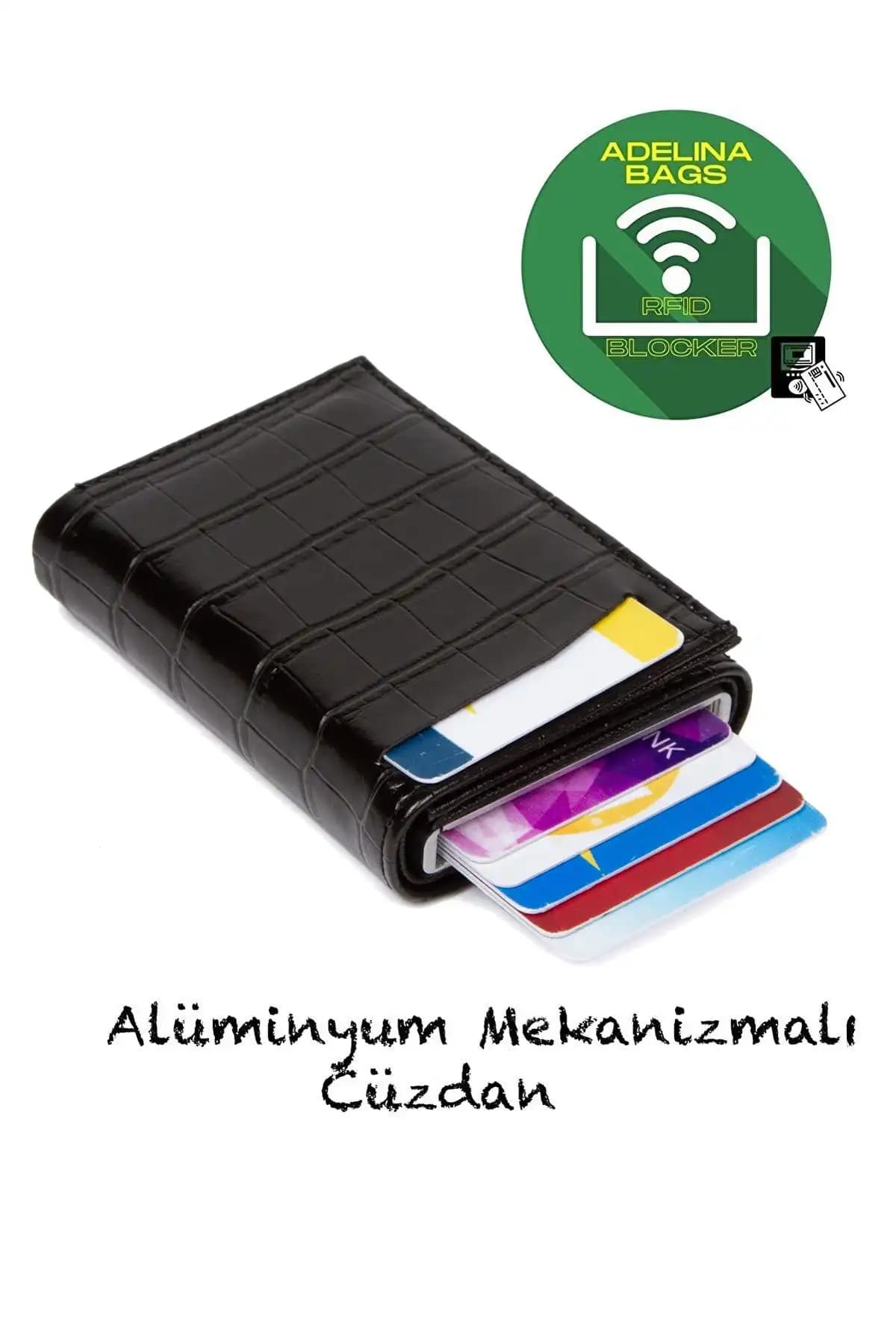 Adelina Siyah Timsah Desenli Mekanizmalı Anti RFID Kartlık Günlük Kullanım İçin Uygun