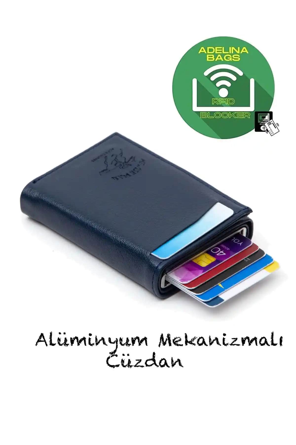 Adelina Unisex Lacivert Deri Mekanizmalı RFID Koruma Kartlık Cüzdanı