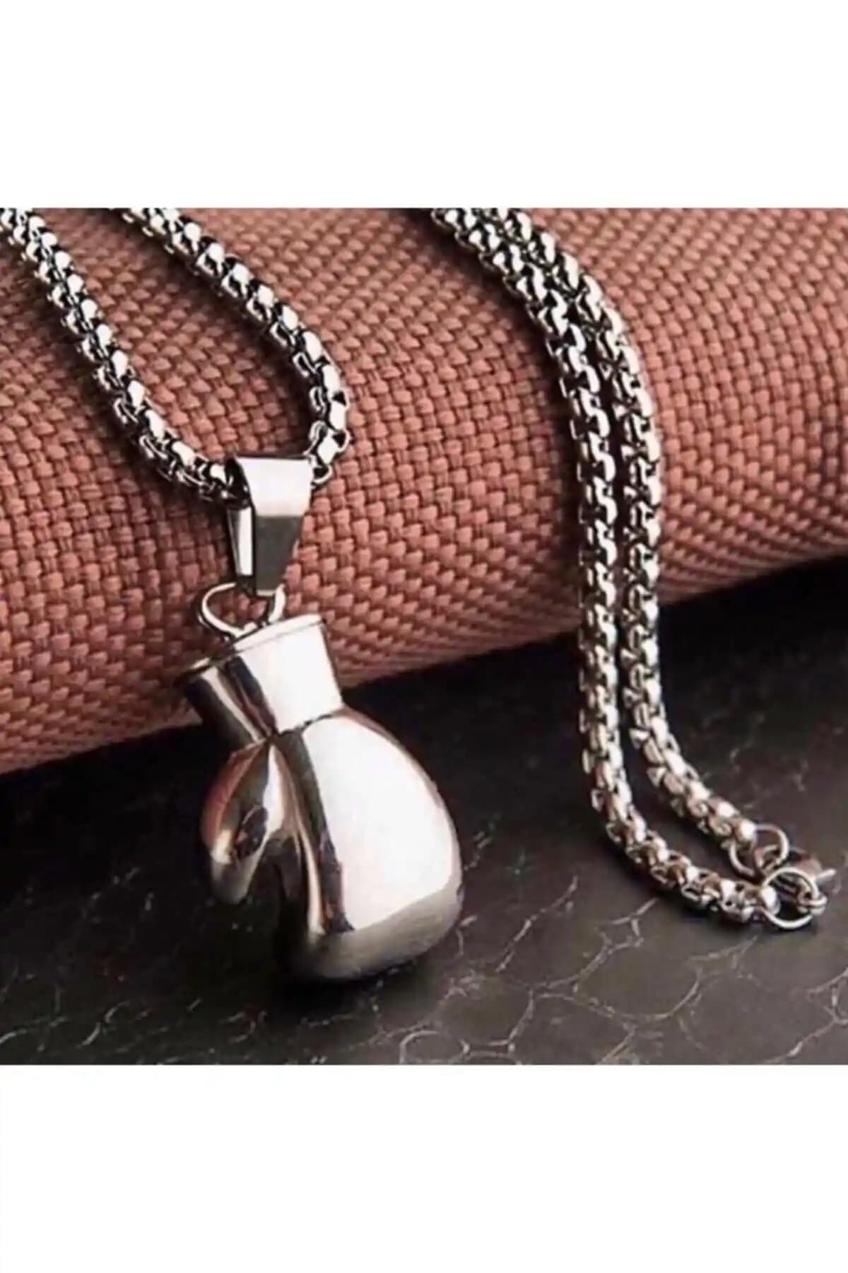 Aksesuar Plus Boks Eldiveni Kolye Erkek Gümüş Renk Çelik Tasarım 65 cm Uzunlukta