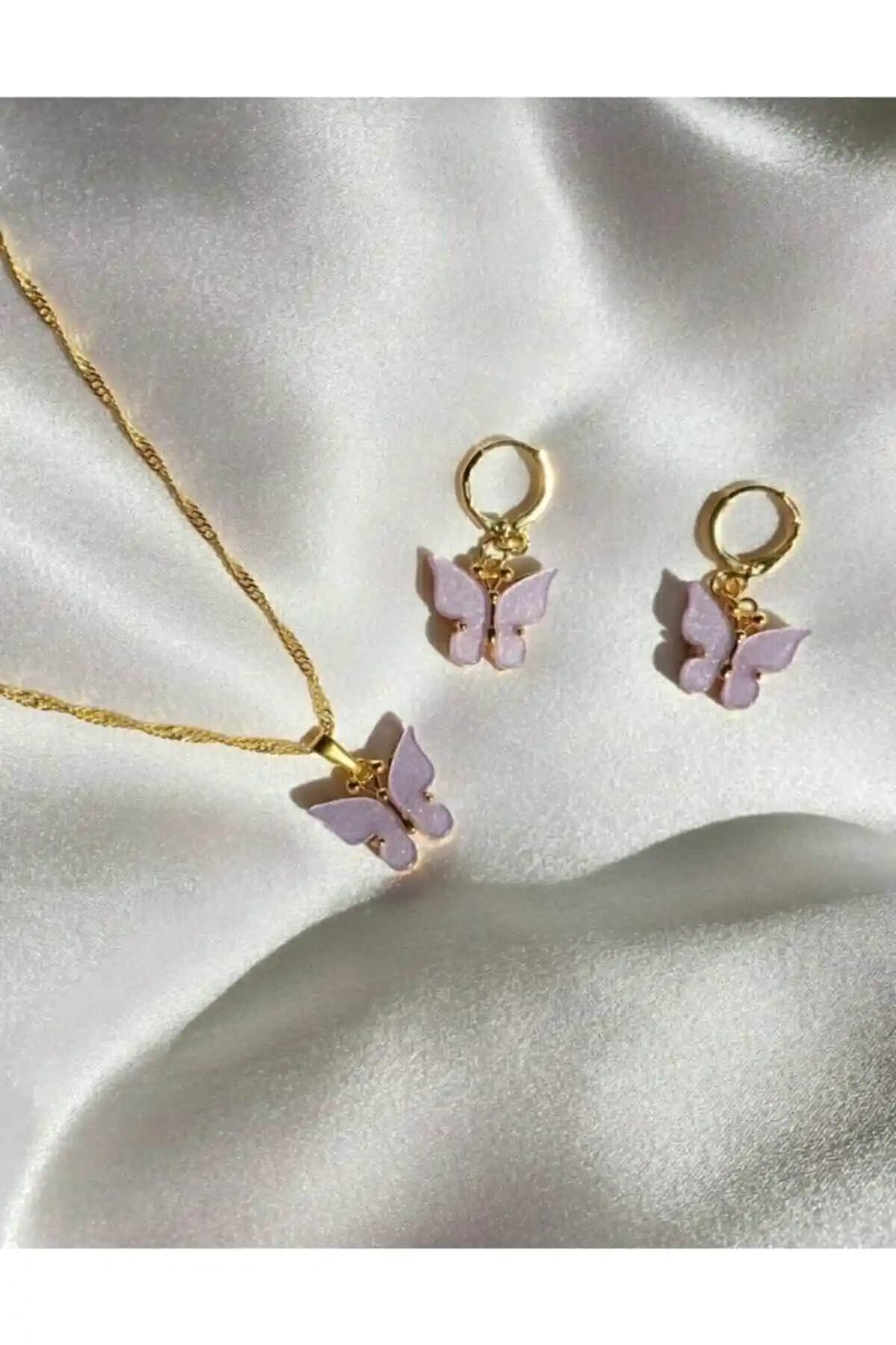 Asia Chic Lila Kelebek Altın Kaplama Takı Seti Zarif ve Şık Tasarımıyla Hediye Seçenekleri