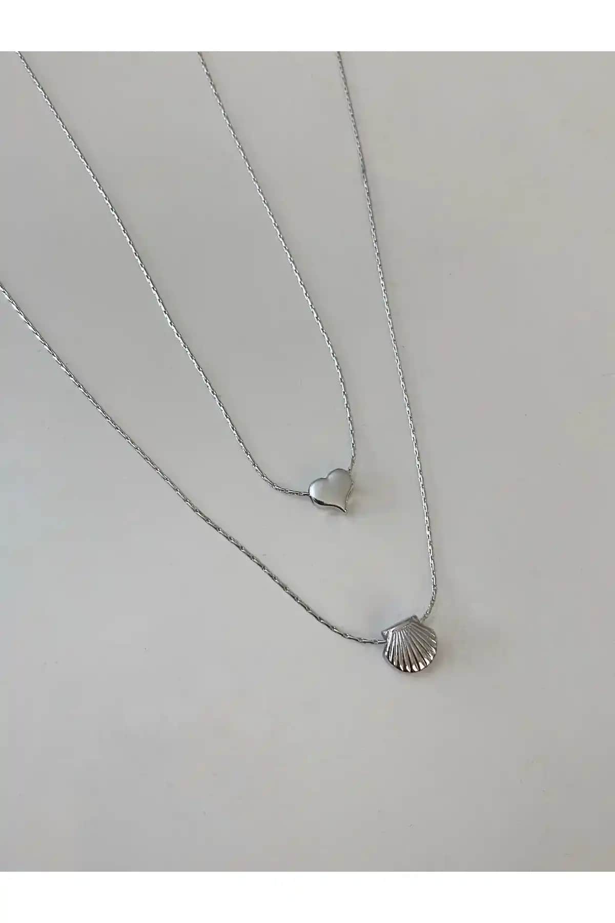Asia Gümüş Kaplama Minimal Kalp ve İstiridye Kolye Seti Modern ve Zarif Tasarım