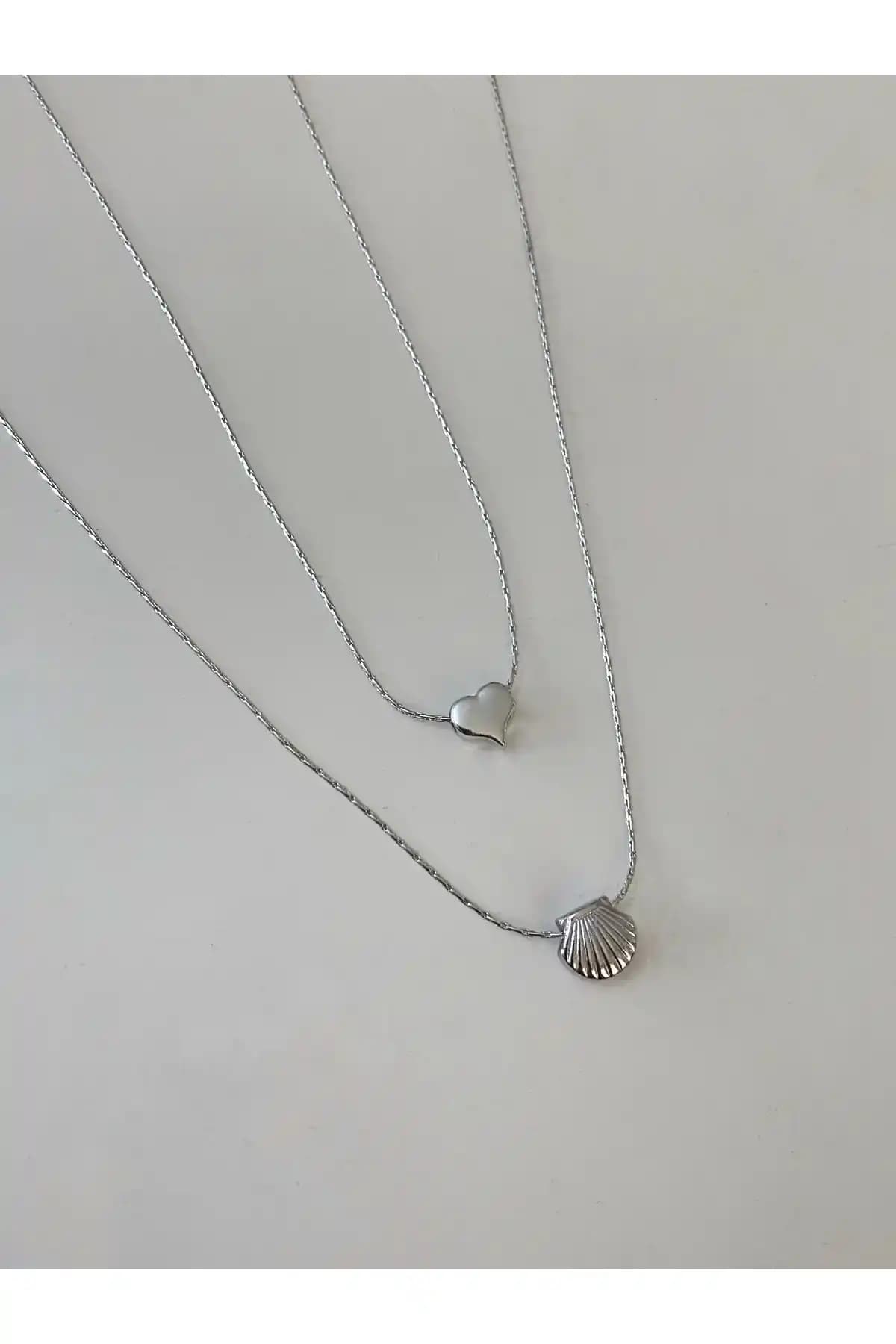 Asia Gümüş Kaplama Minimal Kalp ve İstiridye Kolye Seti Modern ve Zarif Tasarım