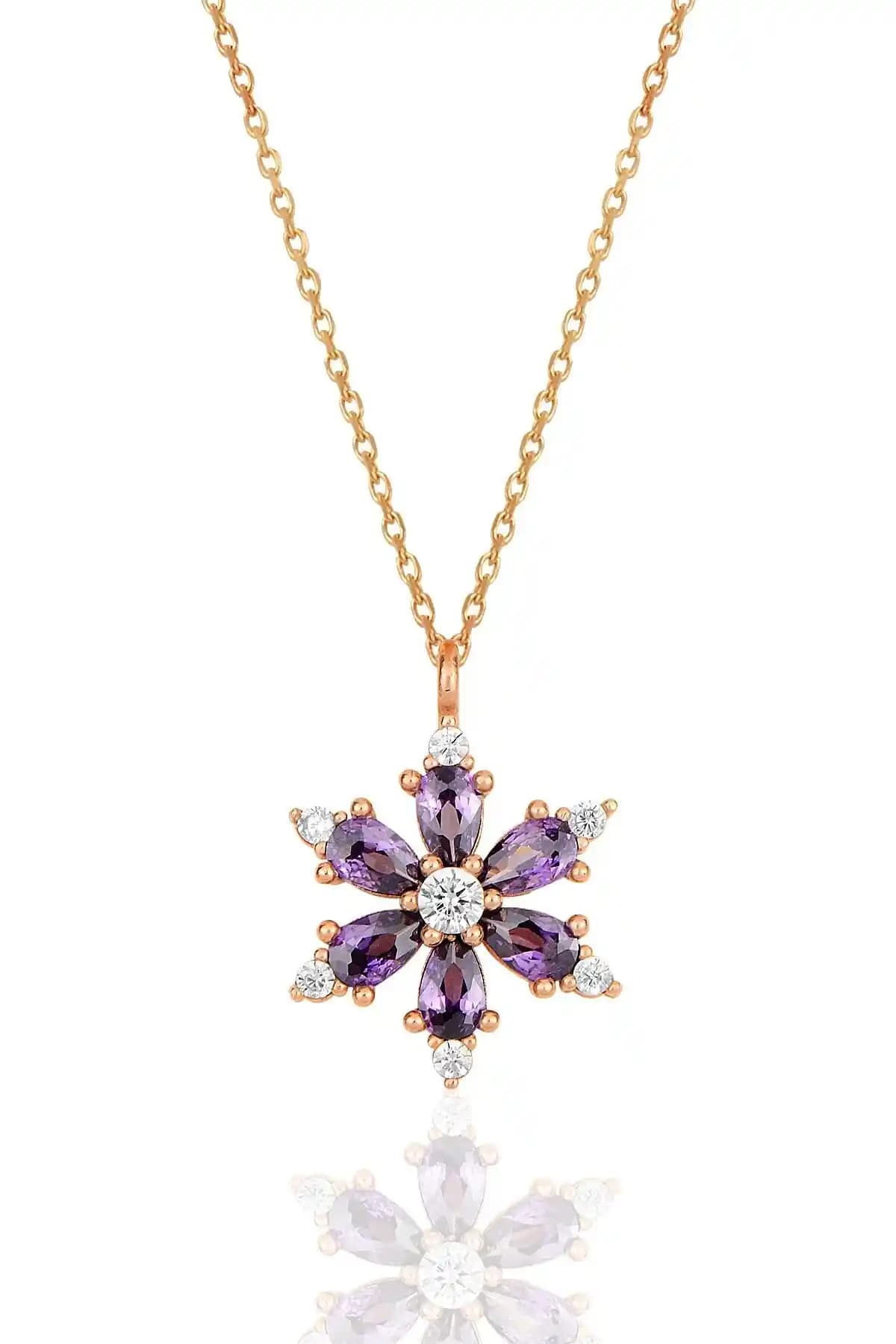 Bilsen Store 925 Ayar Güçlü Zincirli Rose Kaplama Ametist Damla Kolye