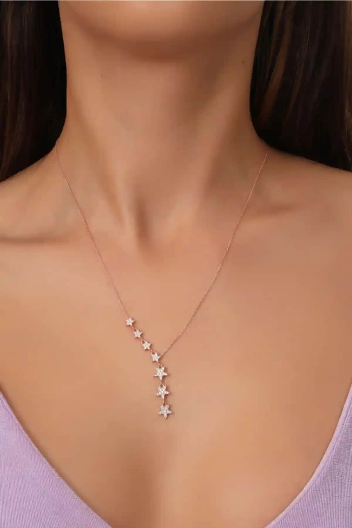 Bilsen Store 925 Ayar Gümüş Rose Kaplama Zirkon Taşlı Sıralı Yılz Kolye