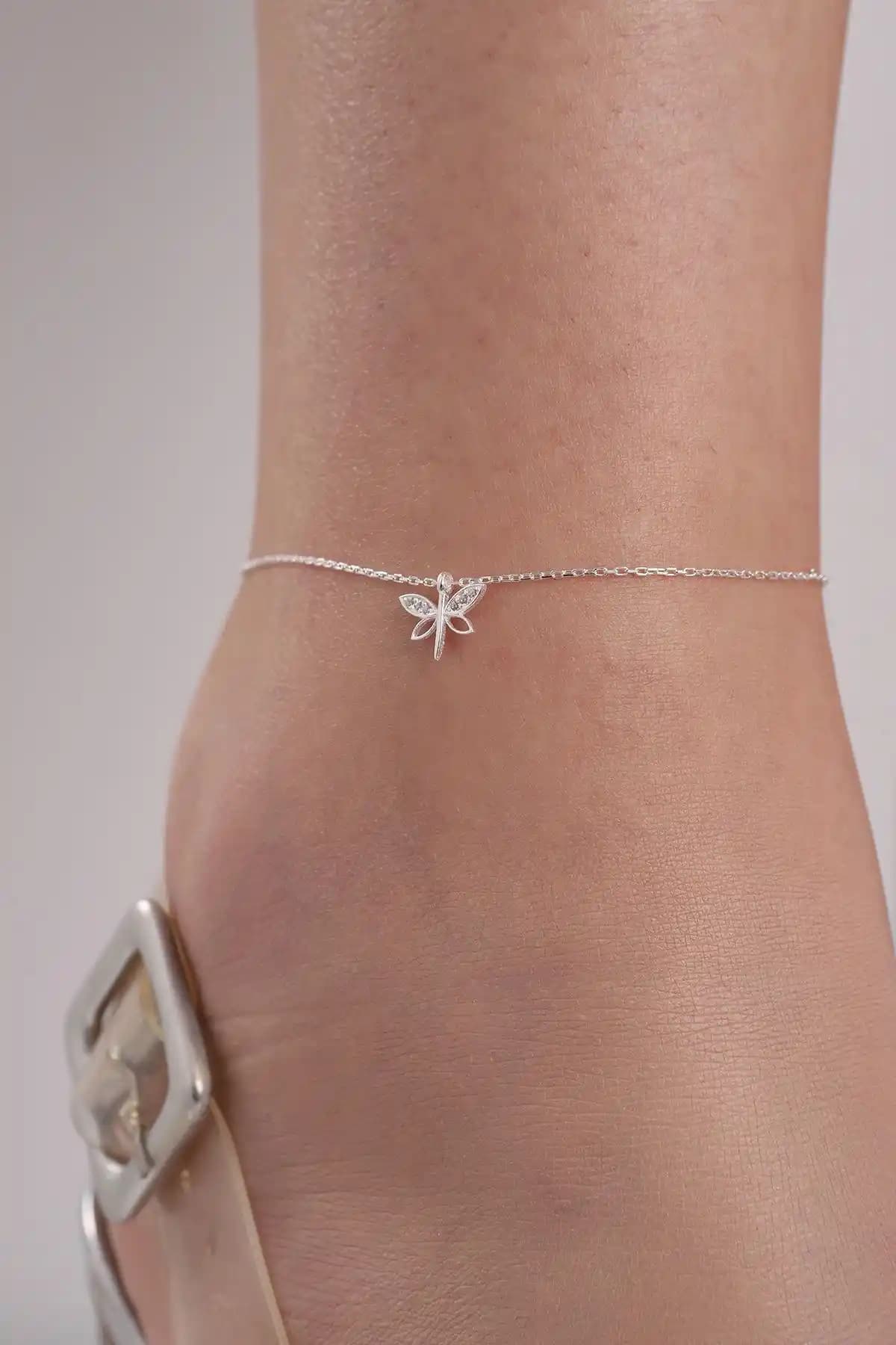 Bilsen Store Kadın 925 Ayar Gümüş Zincirli Zirkon Taşlı Minimal Halhal