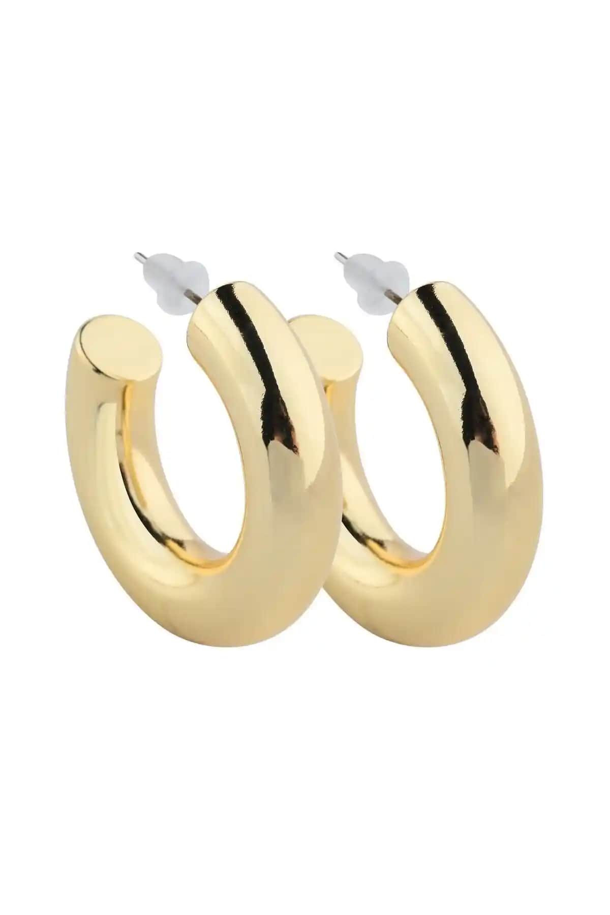 Bukâ Jewelry Kalın Altın Rengi Çelik Halka Küpe Günlük ve Şık Kullanım İçin Uygun