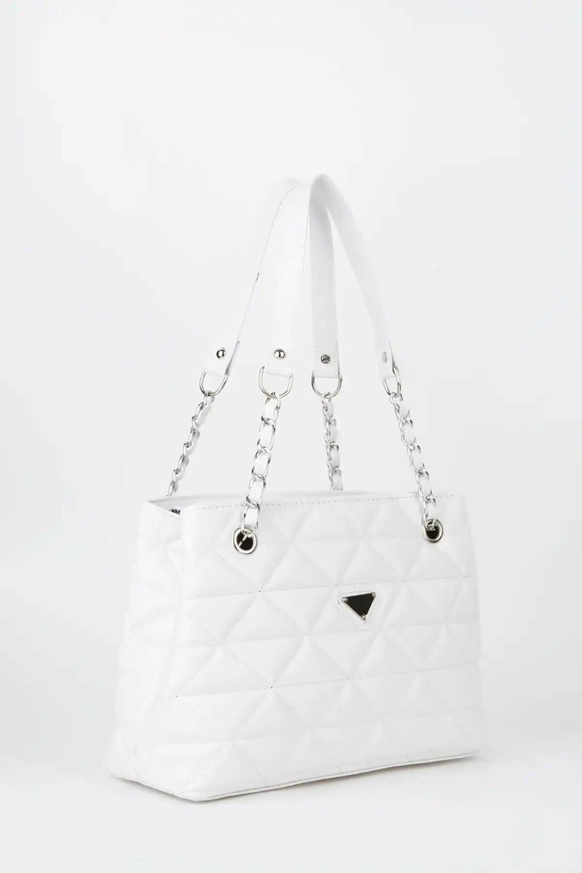 Çanta Park Beyaz Deri Kapitone Çok Bölmeli Fermuarlı Şık Günlük Çanta