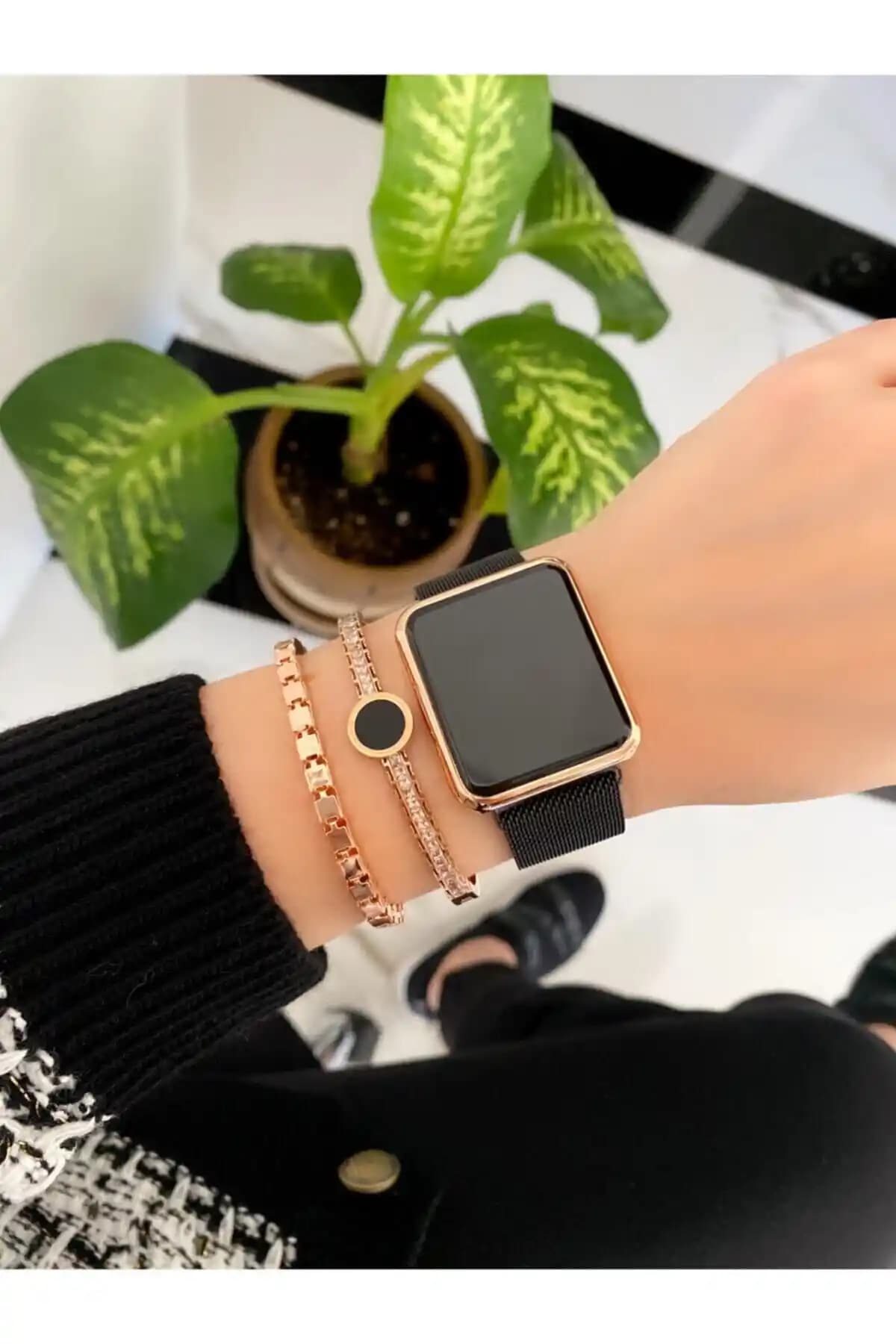 ÇENÇEN Unisex Siyah Rose Çelik Dijital Dokunmatik Ekran Kol Saati