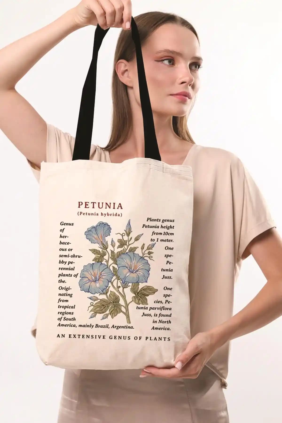 Çınar Bez Çanta Siyah Kulplu Krem Kanvas Petunia Baskılı Çok Amaçlı ve Dayanıklı Tasarım