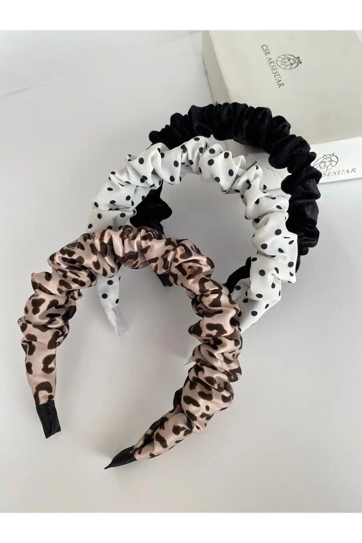 CSR Aksesuar 3'lü Desenli Büzgülü Kadife-Saten Taç Seti Şık ve Kullanışlı Kadın Aksesuarları