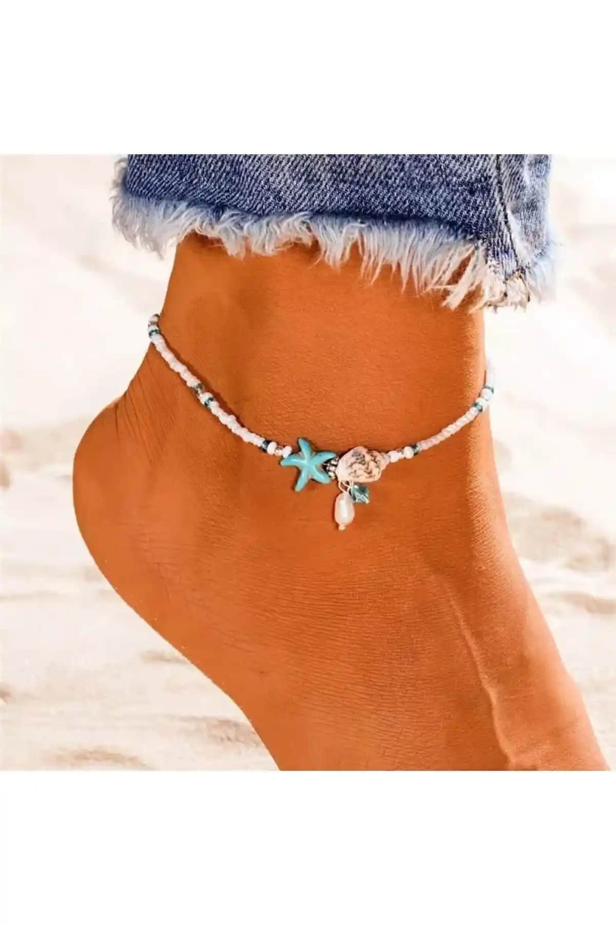 Deniz Kabuklu Boncuklu Yıldızlı Halhal: Doğal ve Şık Deniz Temalı Aksesuar