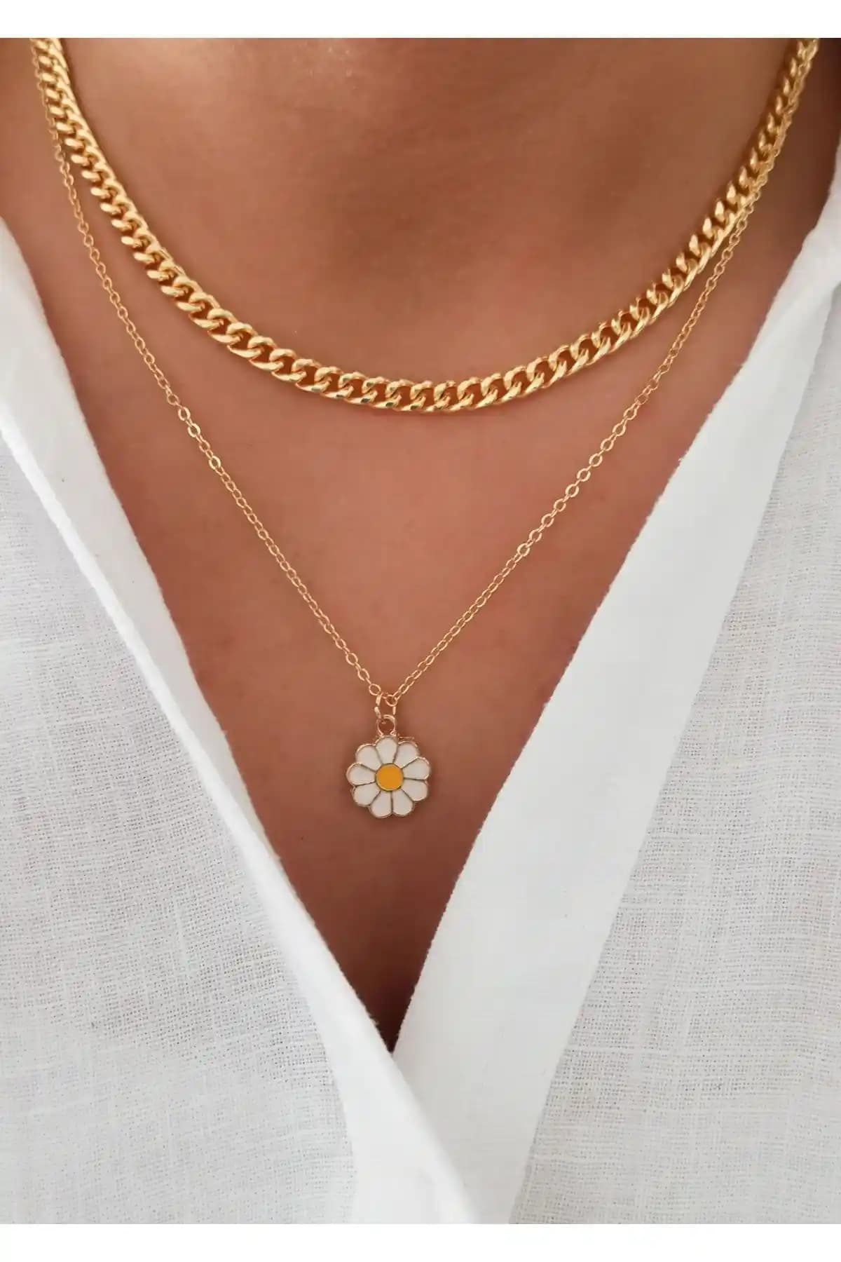 DENİZDENAL Kalın Zincir Kolye Papatya Kombin Seti Şık ve Çok Yönlü Aksesuarlar