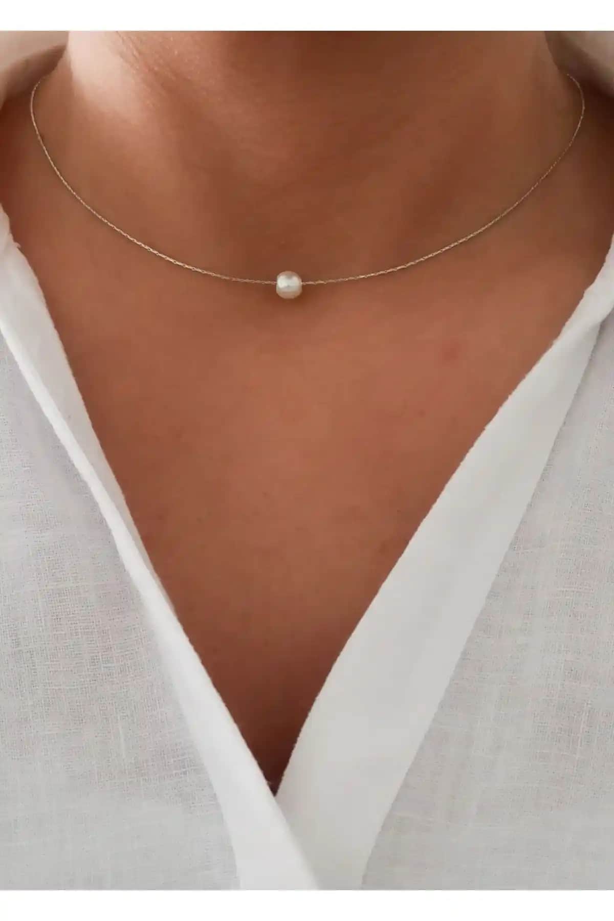 Denizdenal Tek İncili Zincir Gümüş Renk Kaplama Şık ve Zarif Takı Alternatifi