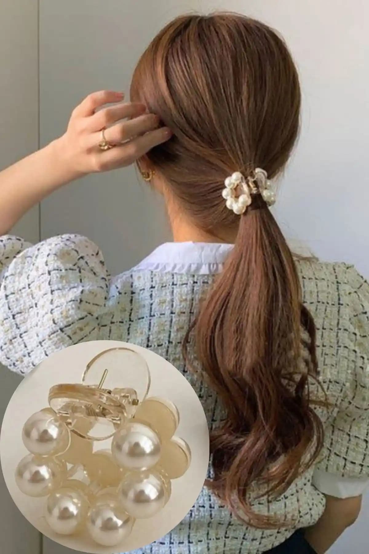 Diloshtrend Kadın Yuvarlak İnci Mandal Tokası Şık ve Kullanışlı Saç Aksesuarı