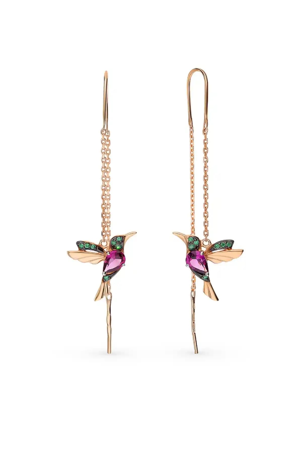 Elika Silver Kadın Rose Kaplama Kuş Model Sallantılı Zincir Gümüş Küpe