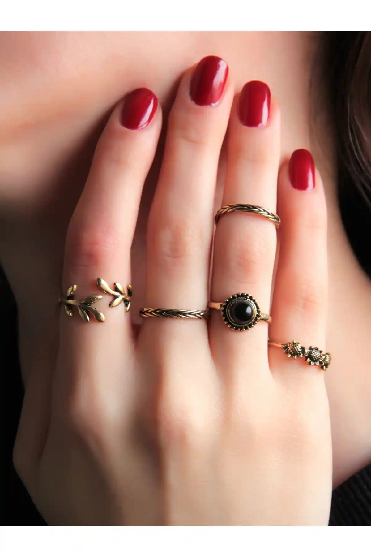 Esha 5'li Ayarlanabilir Eklem Yüzük Seti Oniks Doğal Taşlı Modern Tasarım