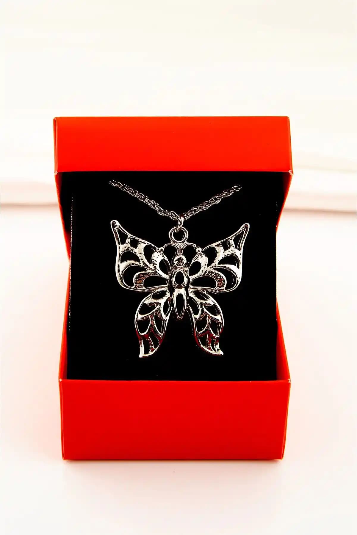 EUROMODA Kutulu Büyük Kelebek Tasarımlı Gümüş Kaplamalı Uzun Zincirli Kolye İncelikleri