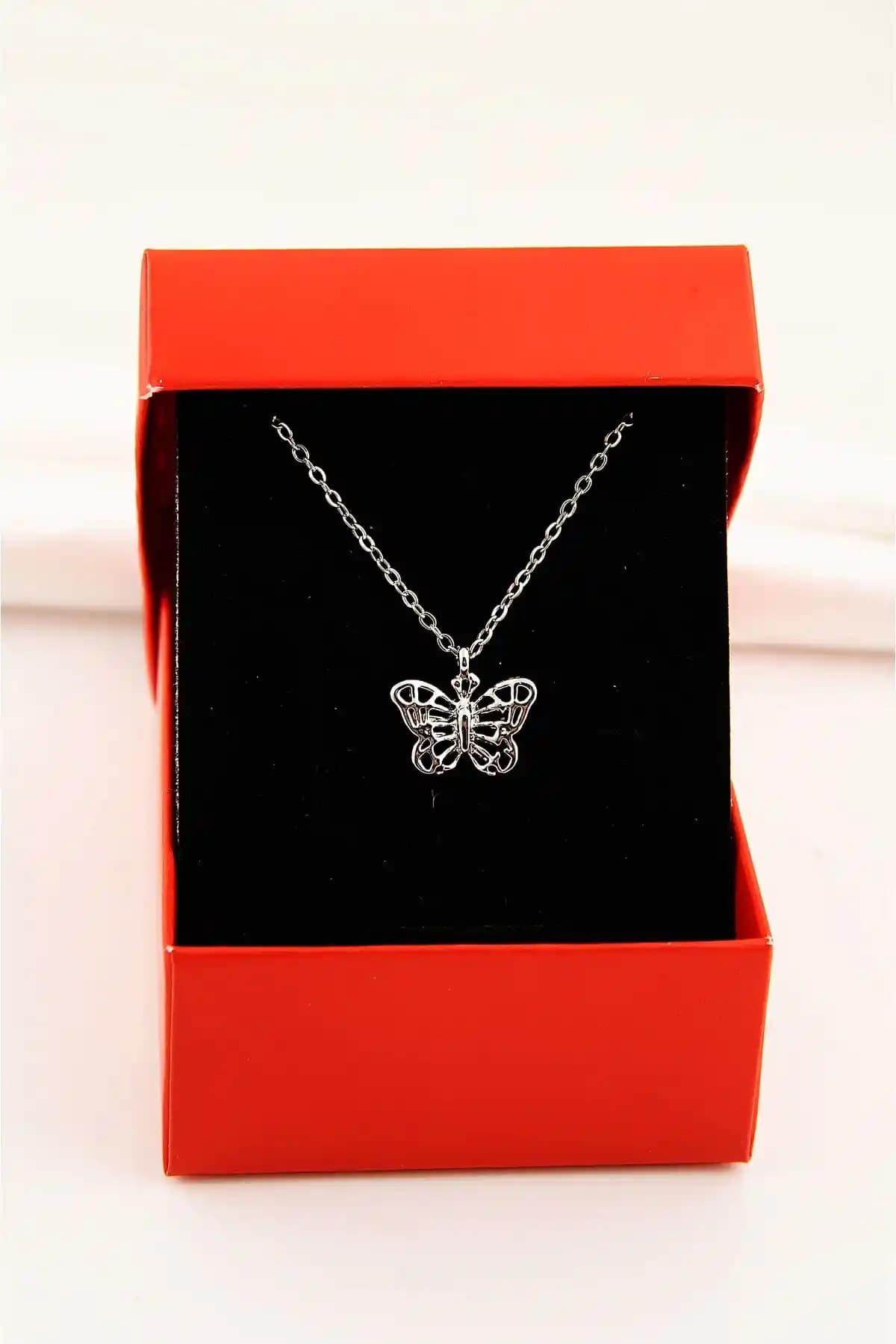 EUROMODA Kutulu Kelebek Tasarımlı Gümüş Renkli Kolye Kadınlar İçin Zarif Takı