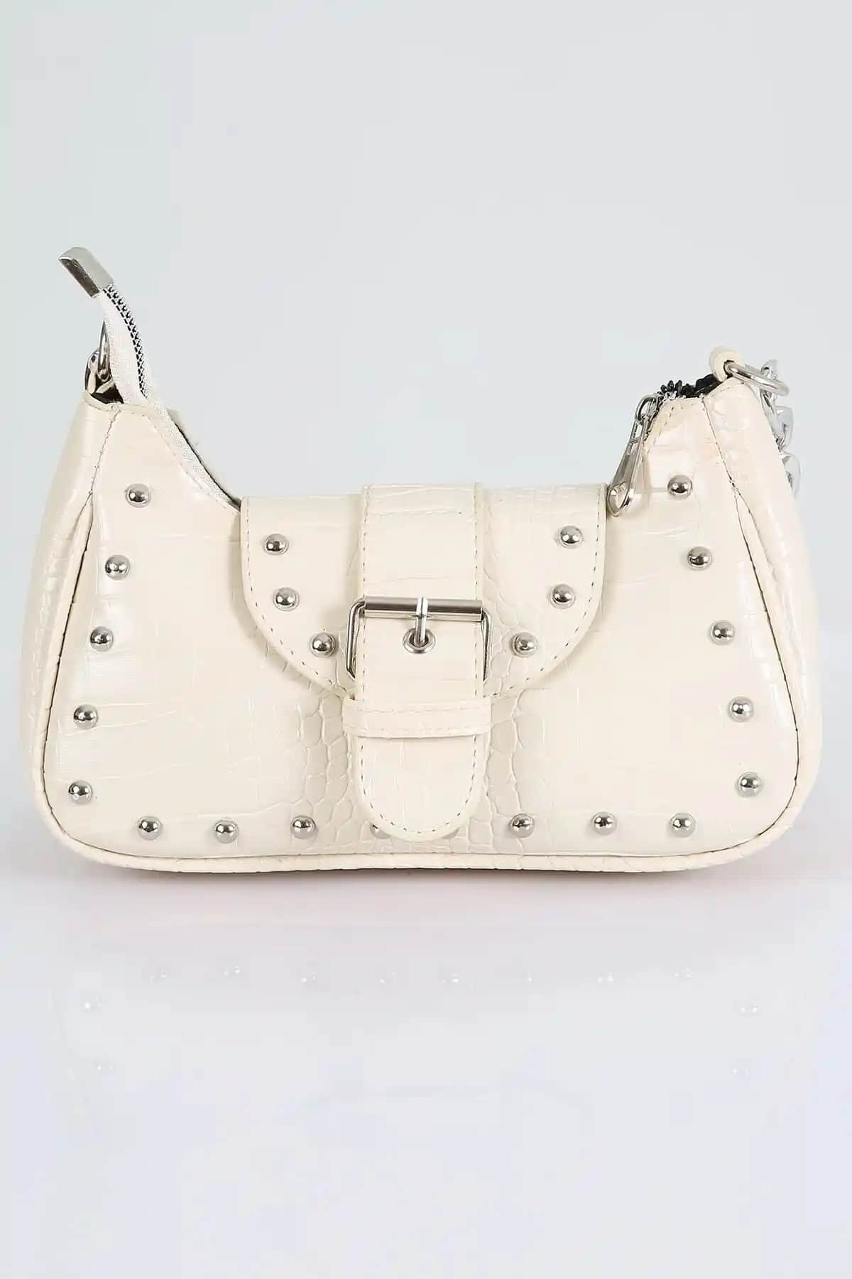 FASOLDY Timsahtasarımlı Zımbalı Krem Kol Çantası Şık ve Kullanışlı Tasarım