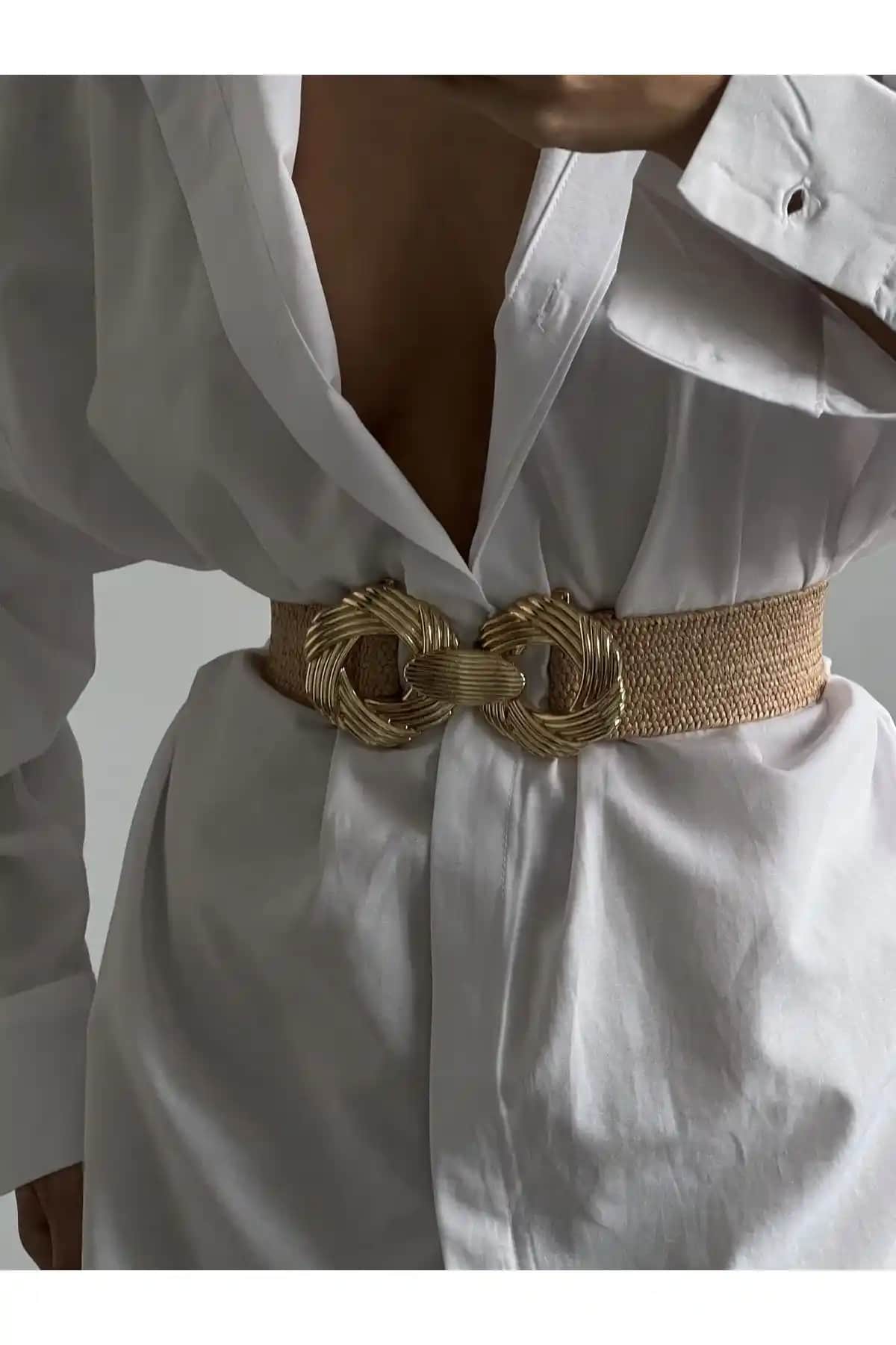 Fiori Gold Tokalı Elastik Kadın Kemeri Haki Renk Şık ve Dayanıklı Moda Aksesuarı