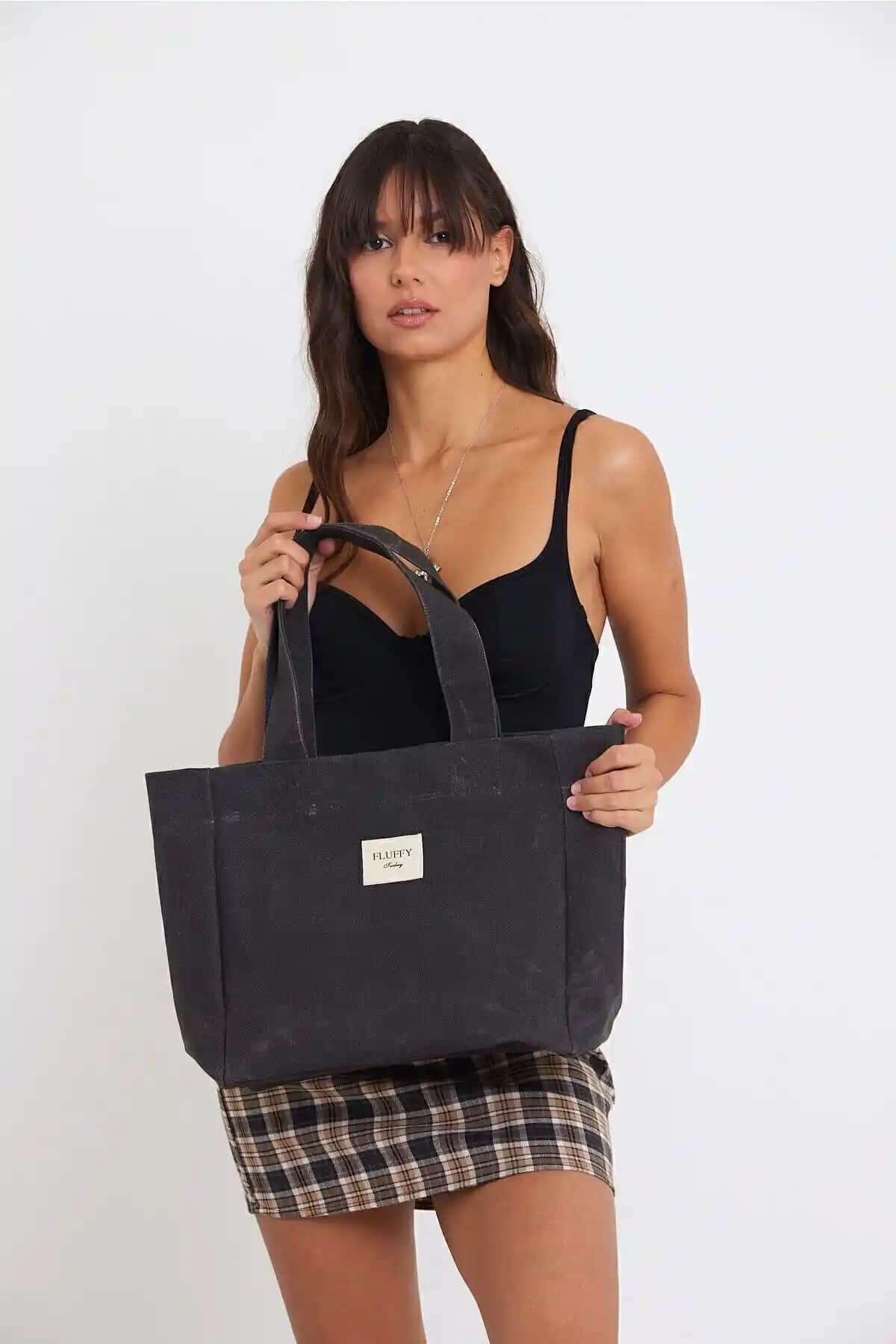 Fluffy Dark Büyük Boy Mumlu Kanvas Çanta Günlük Kullanım ve Şıklık İçin Uygun