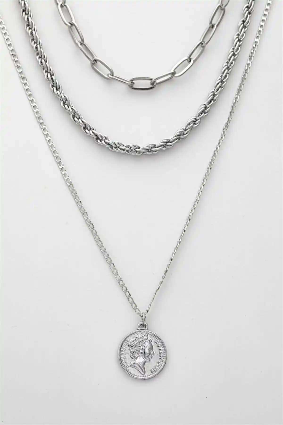 FullControl Kadın Gümüş Madalyon Çoklu Kolye Şık ve Dayanıklı Takı Seçeneği