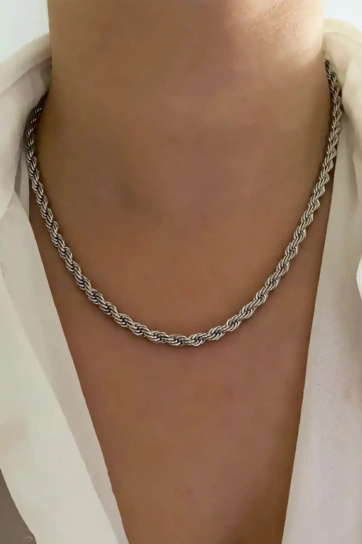 Fullcontrol Unisex Gümüş Burgu Zincir 45 cm Kalın ve Şık Tasarım