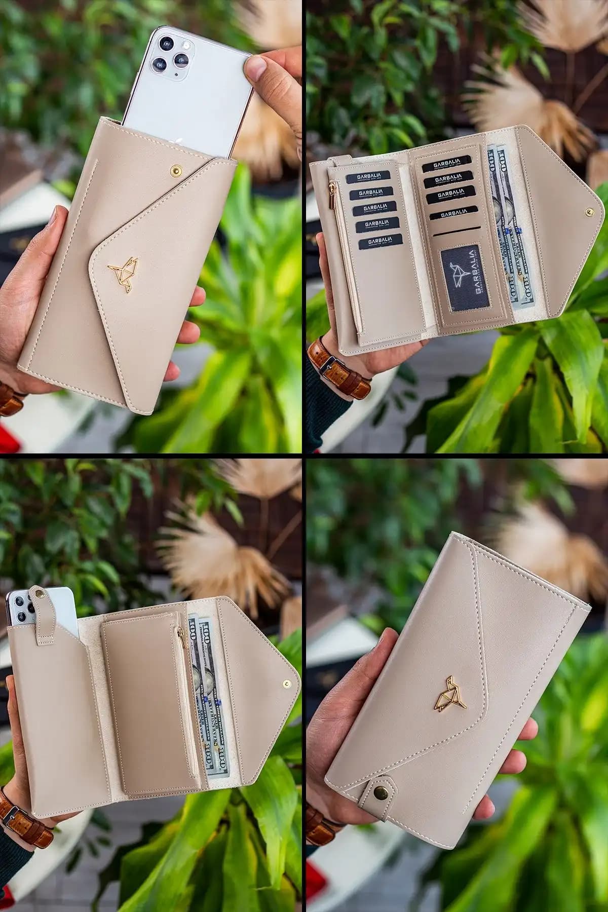 Garbalia Envelope Kadın Cüzdanı Bej Renkli Telefon ve Para Bölmeli Tasarım