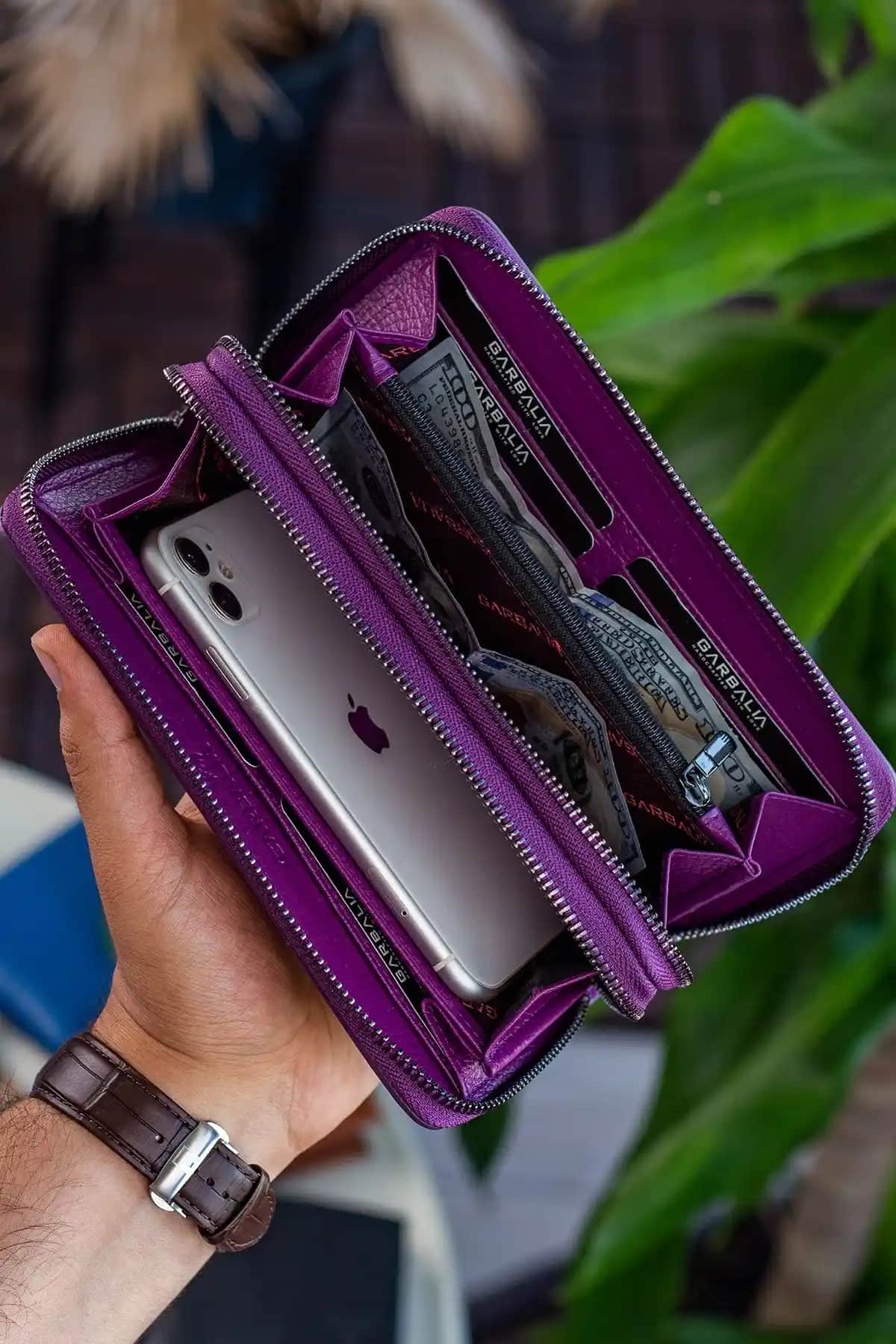 Garbalia Orleans Hakiki Deri Mürdüm RFID Engelleyici Telefon Bölmeli Cüzdan