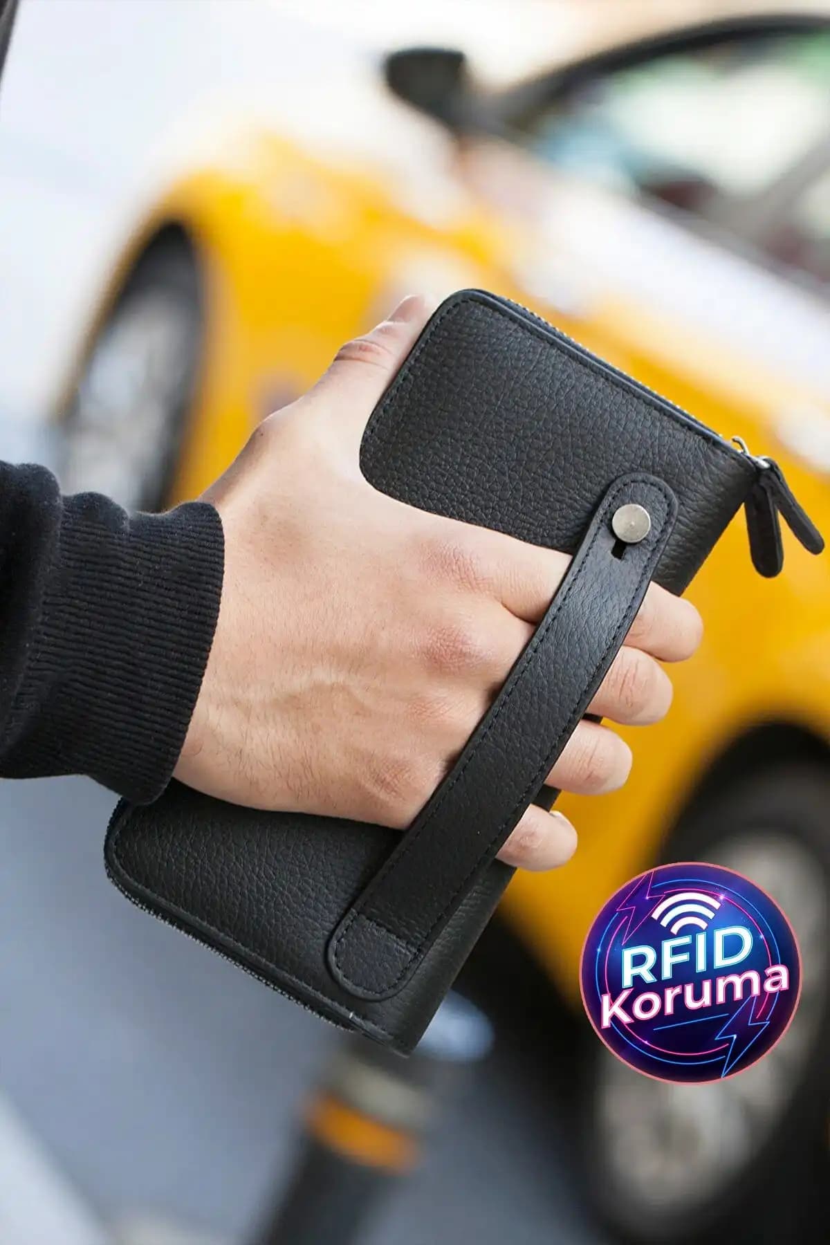Garbalia Orleans Hakiki Deri Siyah Telefon Bölmeli RFID Engelleyici El Çantası