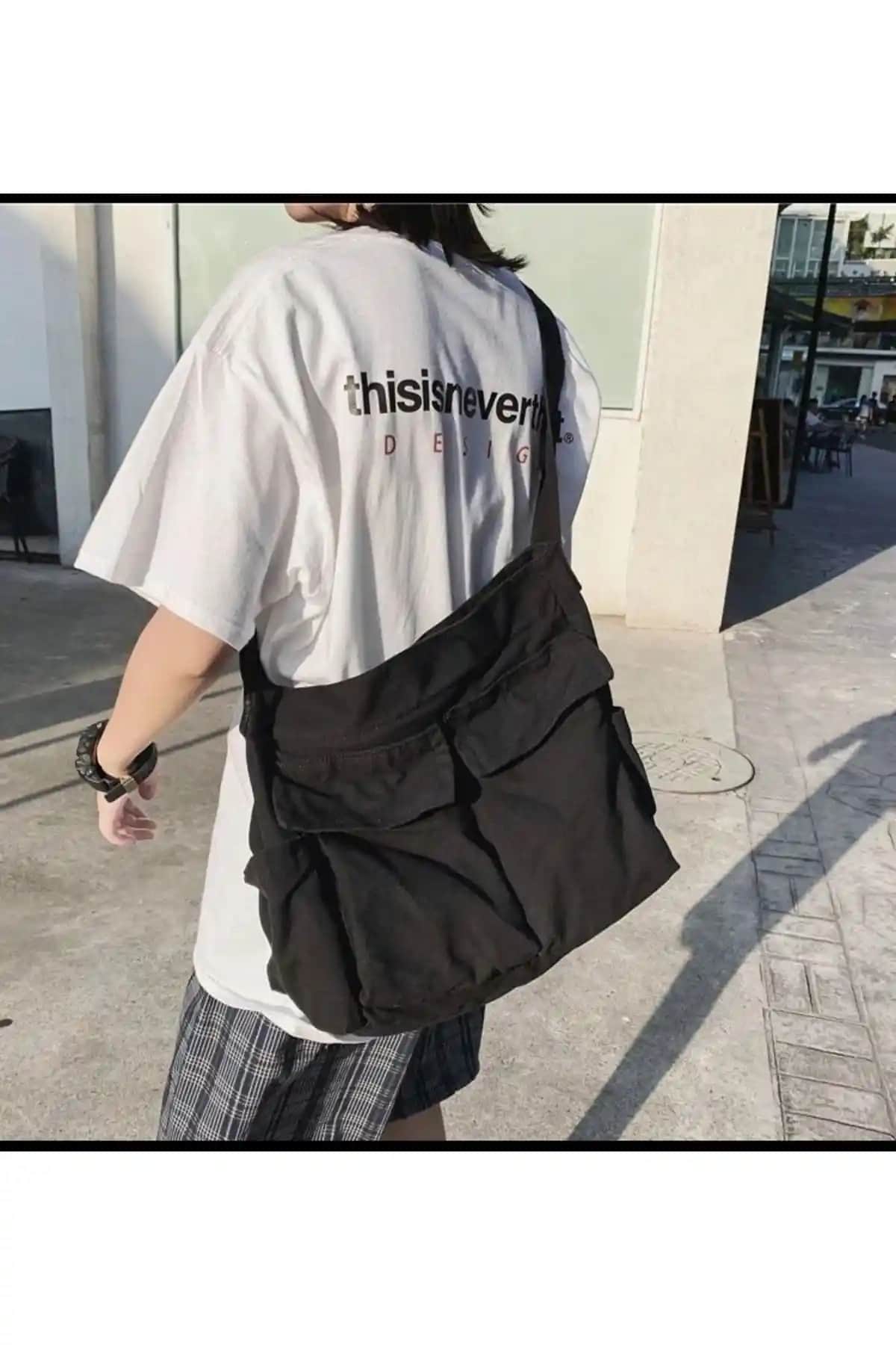 Gofeel Harajuku Vintage Unisex Kargo Çanta Siyah Geniş İç Hacmi ve Şık Tasarımıyla