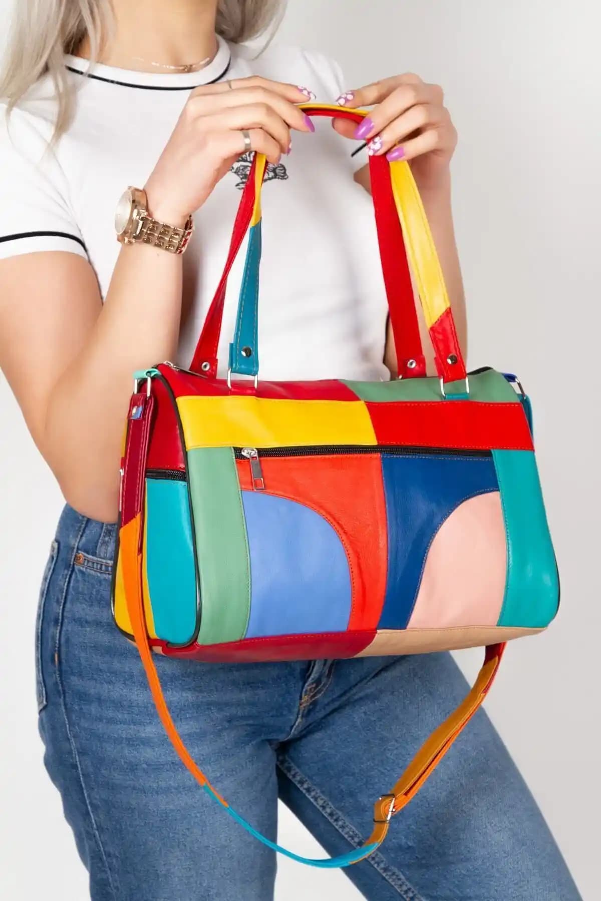 Hakiki Deri Çok Bölmeli Kan El ve Omuz Çantası Şık ve Kullanışlı Tasarım