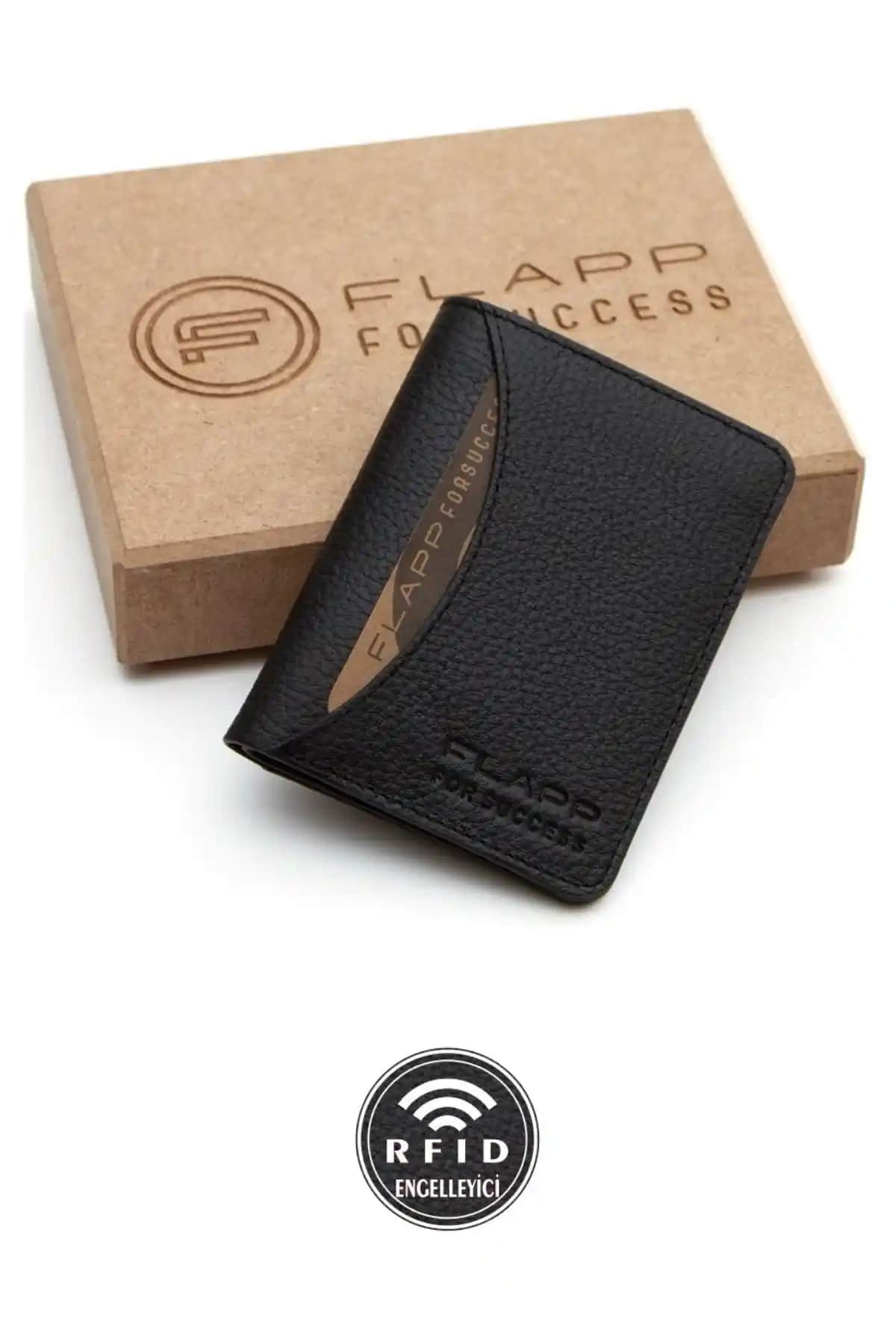 Hakiki Deri Siyah Unisex RFID Korumalı Flapp Cüzdanı Günlük Kullanım İçin Uygun