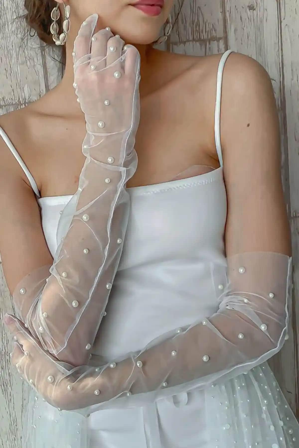 Hayalperest Boncuk Zarif İnci Detaylı Gelin Eldiveni Düğün ve Özel Günler İçin Şık Aksesuar