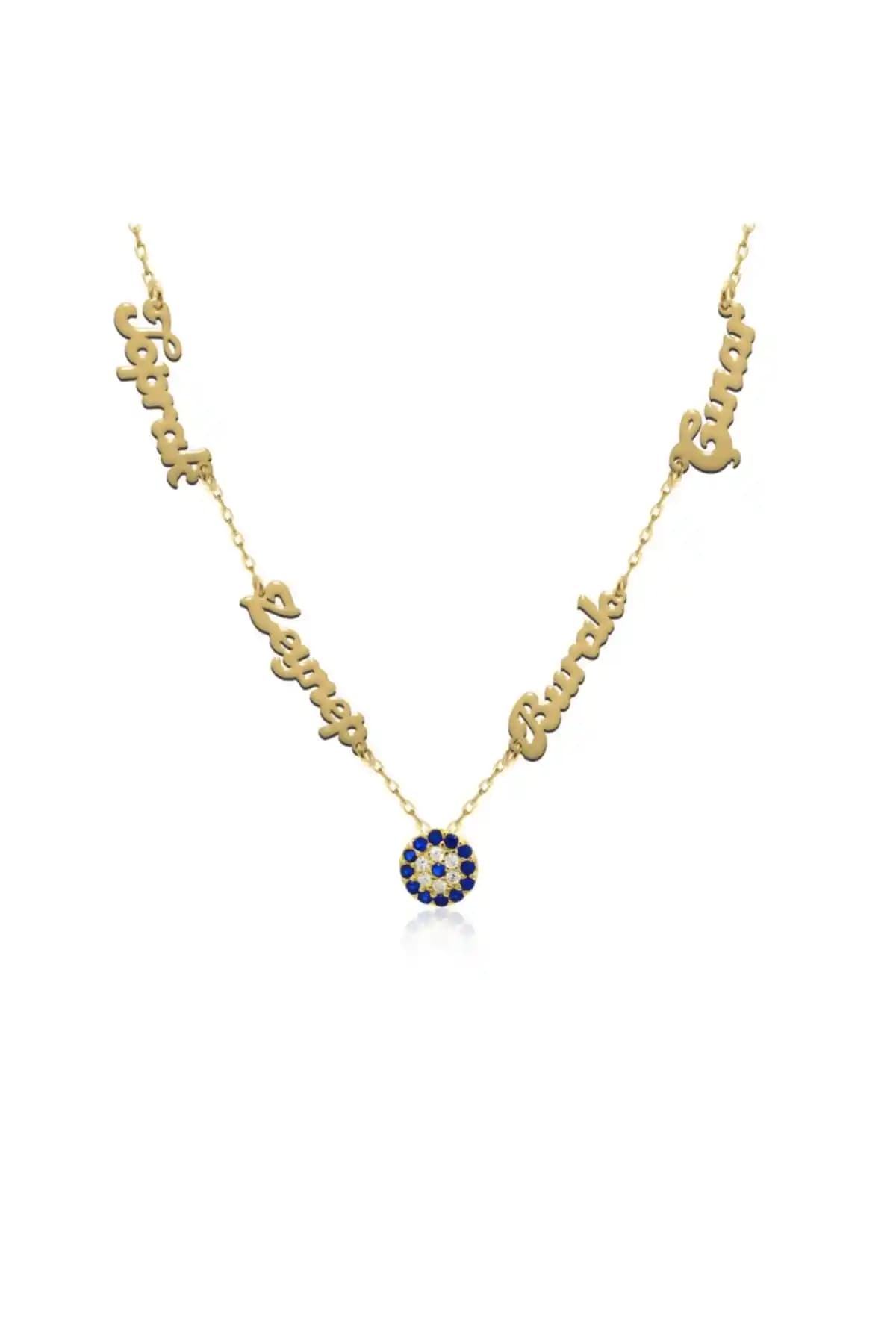 Indigo Takı Dört Isimli Nazarlı Güçlü ve Zarif Gümüş Kolye Tasarımı