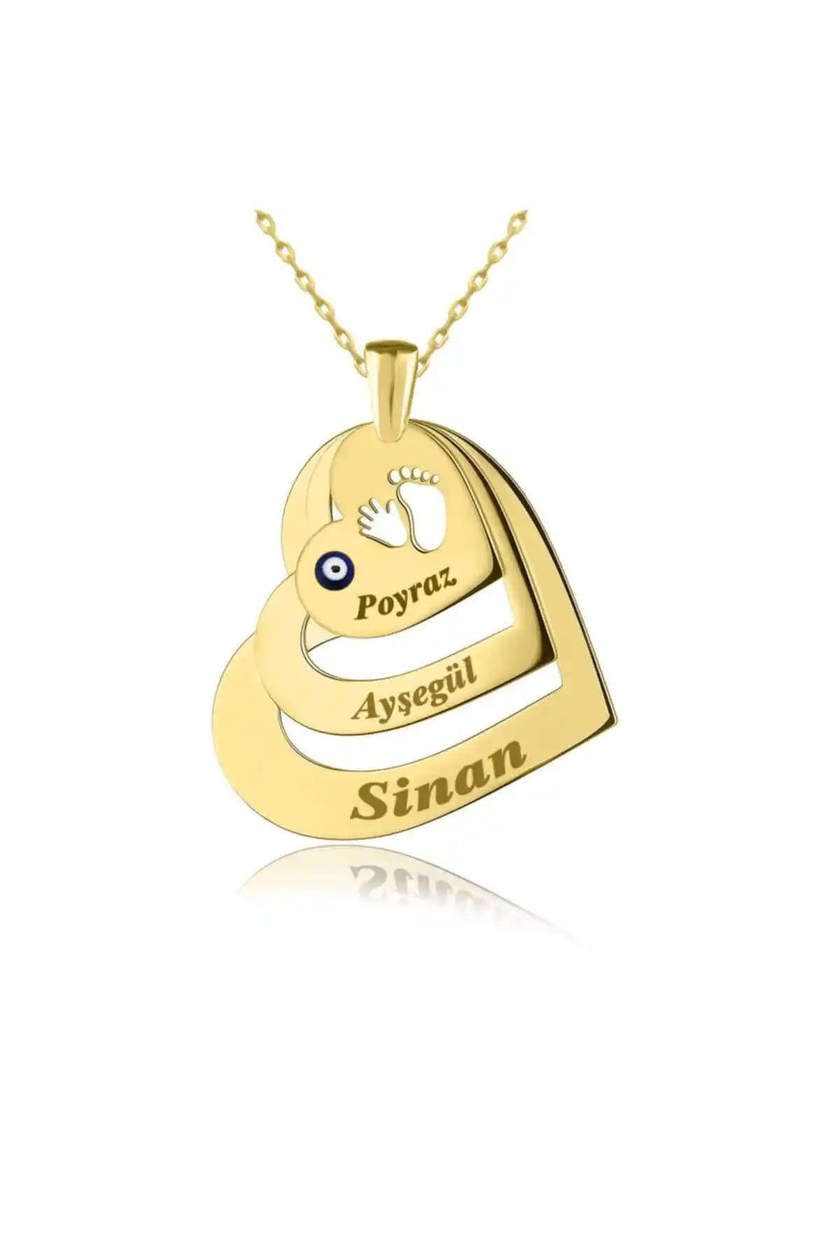 Indigo Takı Üçlü İsimli Ayak İzi Kalpler Altın Kaplama Gümüş Kolye Özelleştirilebilir
