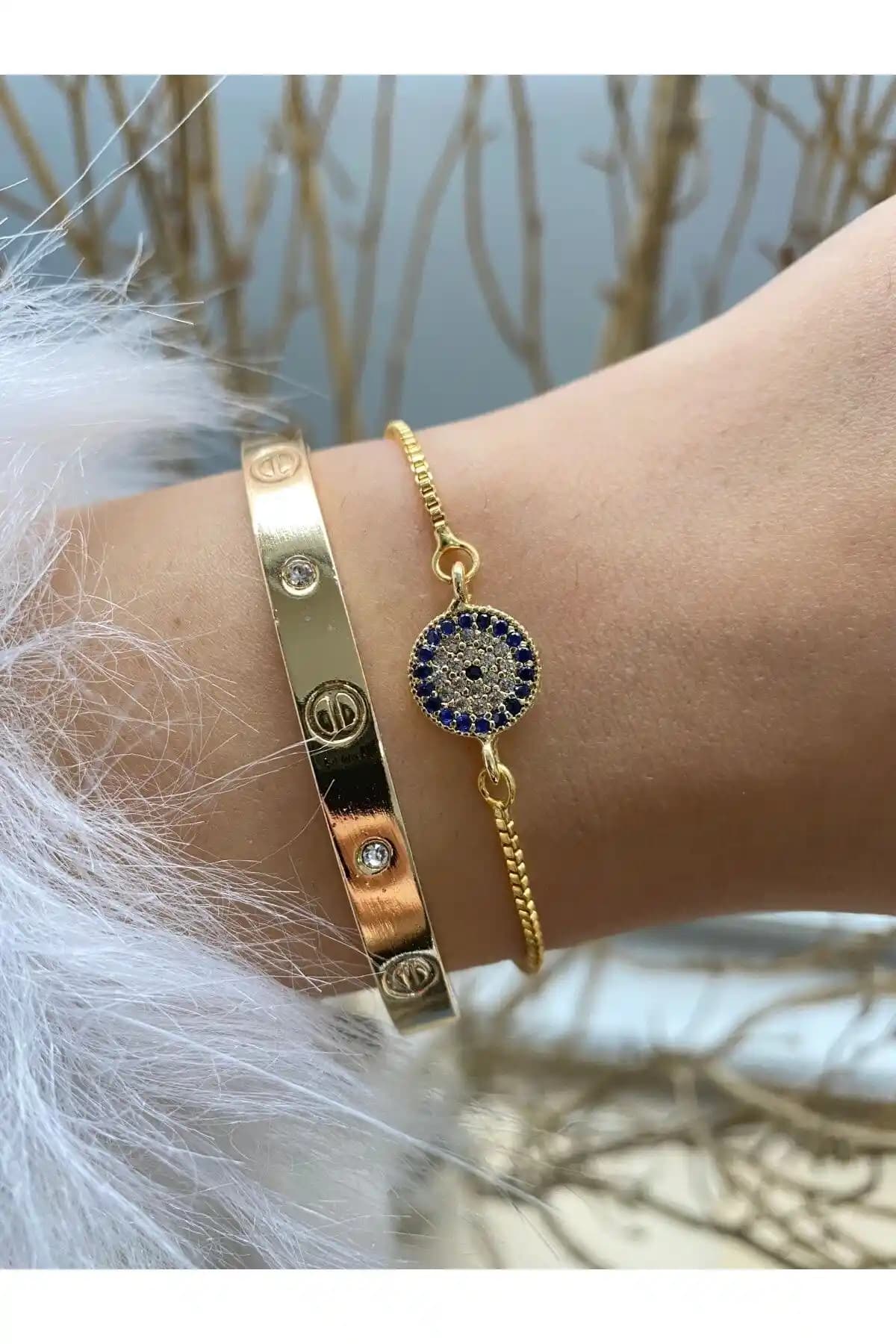 Jenny Daphne Kadın Gold Renk 2'li Kombin Bileklik Seti Şık ve Dayanıklı Tasarım