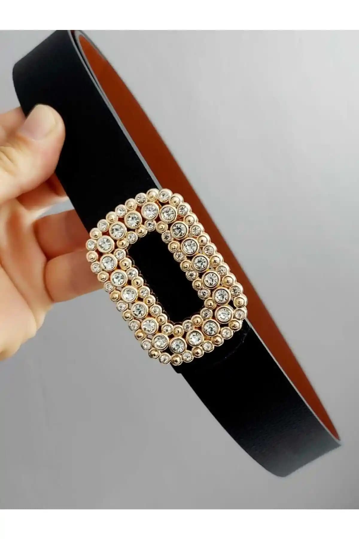 Kadın Taşlı Altın Tokalı Çift Taraflı Siyah-Taba Kemer - Şıklık ve Fonksiyonellik Bir Arada