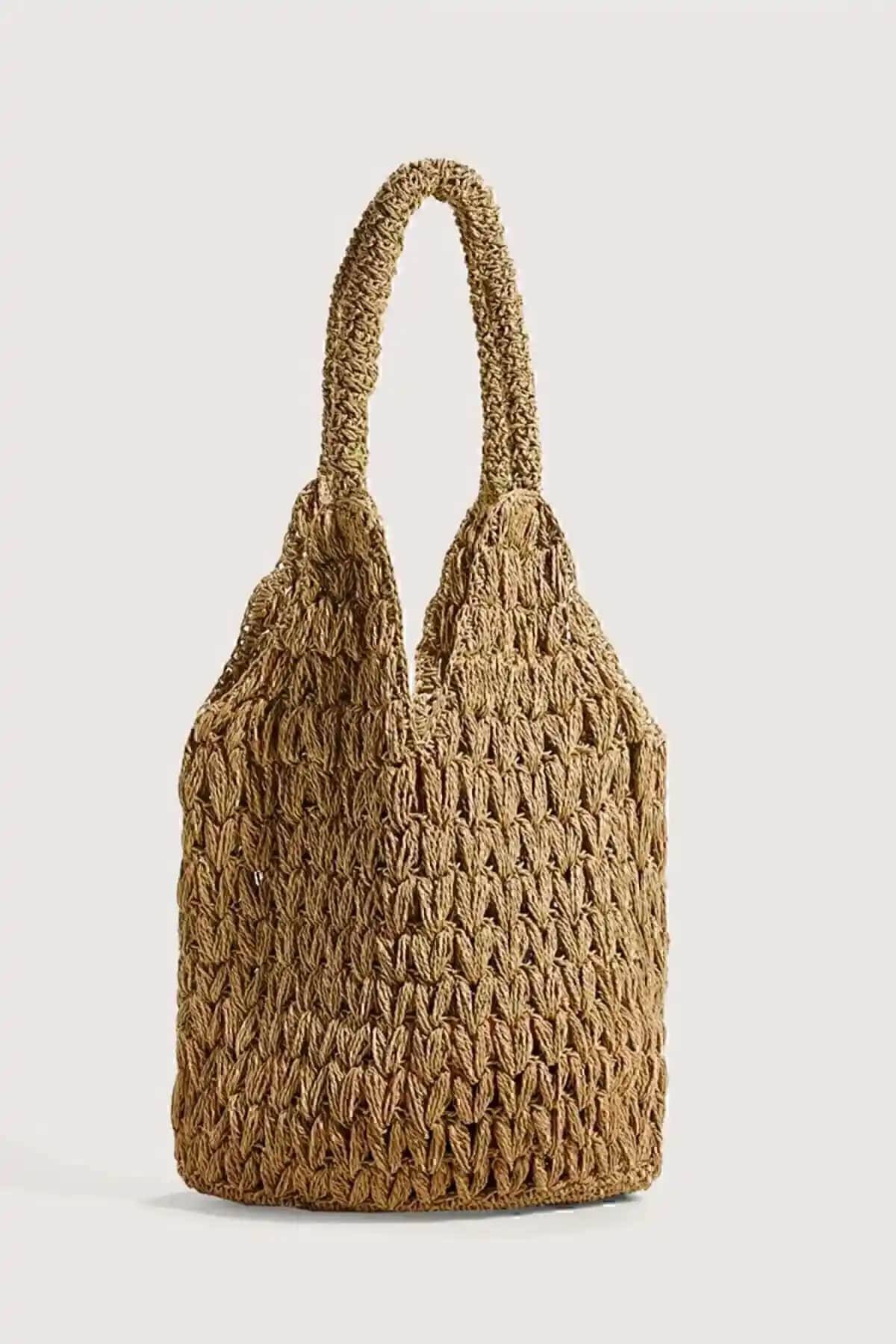 Kadın Vizon Renk El Yapımı Kağıt İp Örgü Günlük Omuz Çantası Tasarımı ve Özellikleri