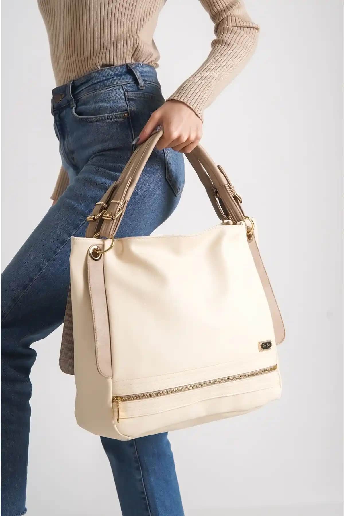 Kadınlar İçin Krem Renkli Yumuşak Deri Omuz Çantası Günlük Kullanım İçin Uygun